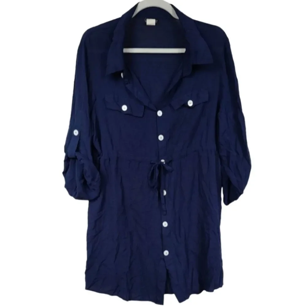 VENUS Navy Shirt Dress Beach Coverup Roll Tab Sleeve Nautical Mini XL Tunic - Picture 2 of 10